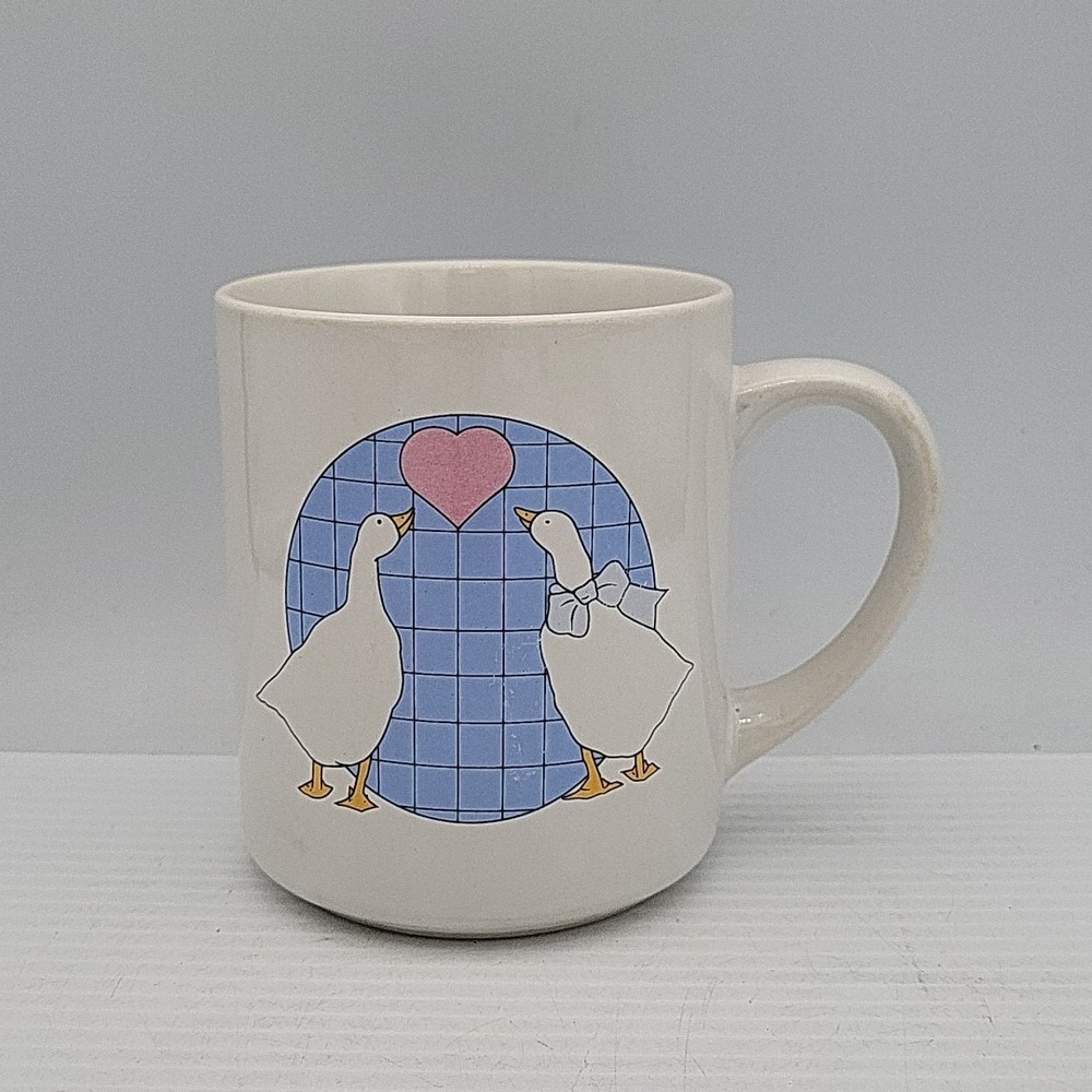 Vintage Country Geese Coffee Mug Heart 1980s 1990s Taiwan White Ceramic Cup